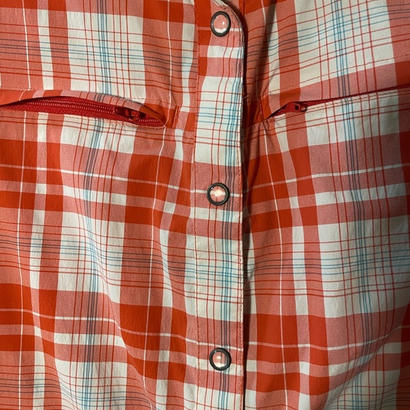 Vintage Eddie Bauer plaid shirt, Orange & white, contrasting solid side panels - Picture 3 of 6